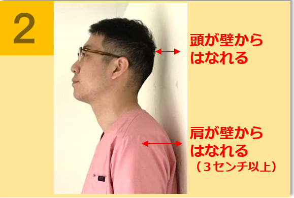 頭と肩が壁から離れると猫背