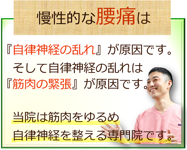 慢性的な腰痛は自律神経が乱れが原因です。そして自律神経の乱れは筋肉の緊張が原因です。